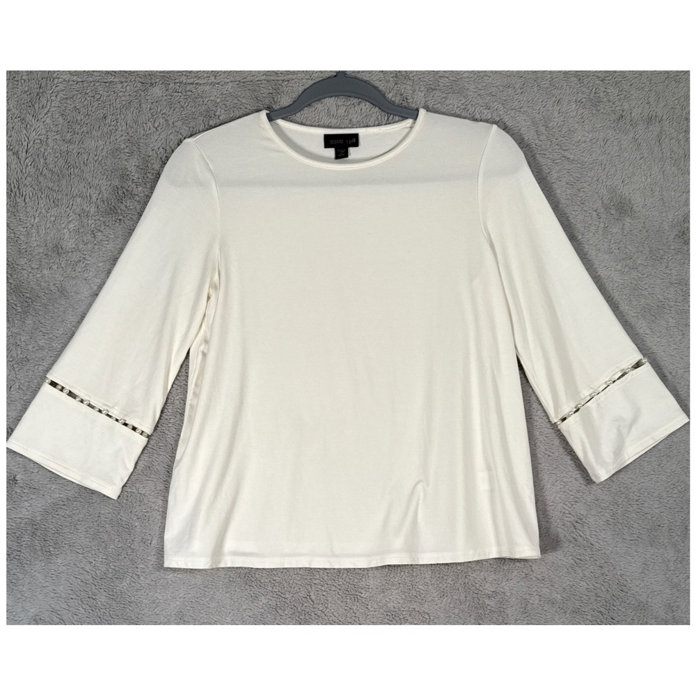 J Jill Wearever Collection Cream Small Petite Top Pearl Sleeve Detail‎ Casual